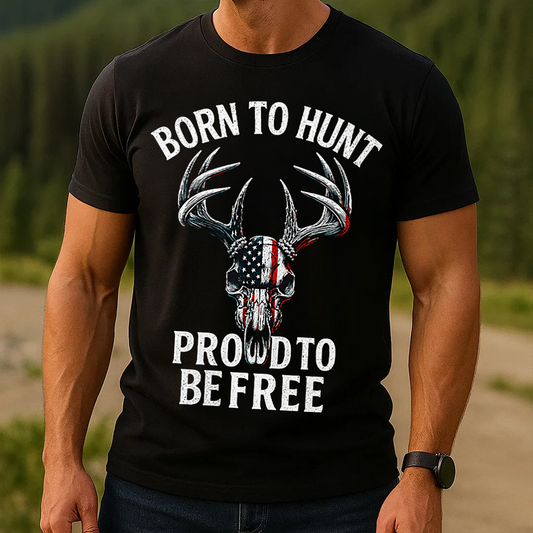 Born to Hunt Proud to Be Free T-Shirt, Patriotic Deer Skull Hunting Shirt with American Flag