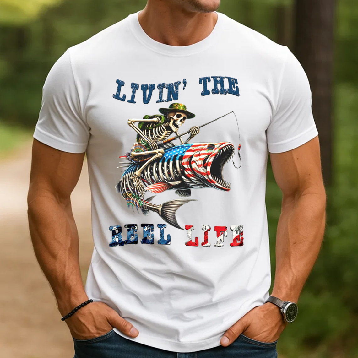 Livin' The Reel Life Skeleton Fishing T-Shirt, Funny Fishing Apparel, Patriotic Fishing Tee
