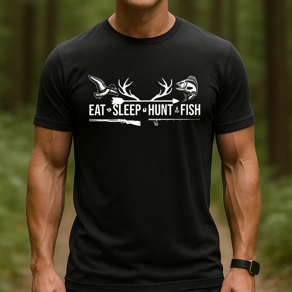 Eat Sleep Hunt Fish T-Shirt, Funny Hunting and Fishing Shirt for Outdoorsmen, Hunter & Fisher Gift Tee