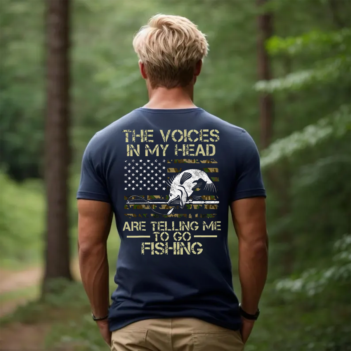 Funny Fishing T-Shirt for Men, The Voices in My Head Are Telling Me to Go Fishing Shirt, Bass Fish American Flag Tee
