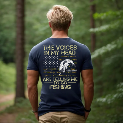 Funny Fishing T-Shirt for Men, The Voices in My Head Are Telling Me to Go Fishing Shirt, Bass Fish American Flag Tee
