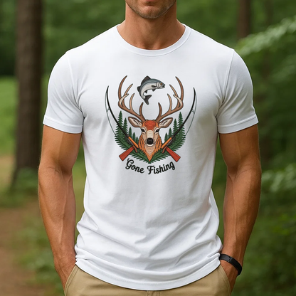 Gone Fishing Embroidery T-Shirt, Deer Buck and Fish Hunting Graphic Tee, Outdoor Wildlife Embroidered Shirt Gift