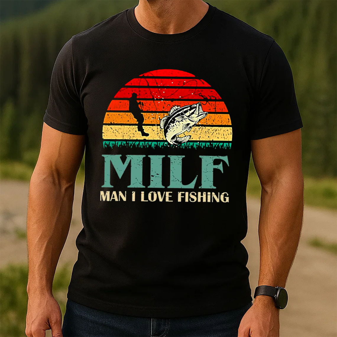 MILF Man I Love Fishing T-Shirt, Funny Bass Fishing Shirt, Retro Sunset Angler Tee, Fisherman Gift Idea