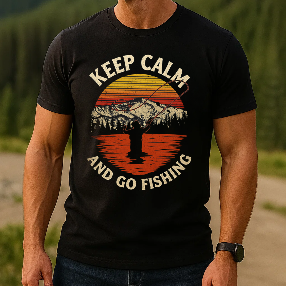 Keep Calm and Go Fishing T-Shirt, Retro Sunset Fisherman Shirt, Funny Angler Tee