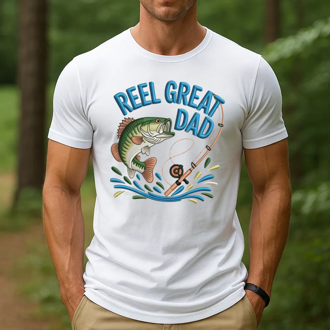 Reel Great Dad Embroidery T-Shirt, Funny Fishing Bass Graphic Tee, Fisherman Embroidered Shirt Gift