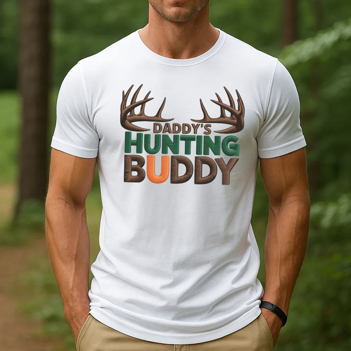 Daddy’s Hunting Buddy Embroidery T-Shirt, Deer Antler Hunting Graphic Tee, Outdoor Hunter Shirt Gift