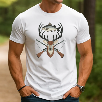 Deer and Fish Embroidery T-Shirt, Hunting and Fishing Graphic Tee, Wildlife Embroidered Shirt Gift
