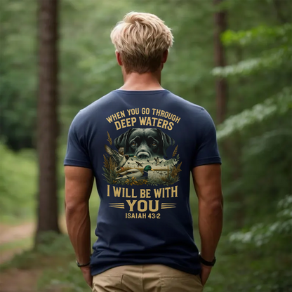 When You Go Through Deep Waters I Will Be With You T-Shirt, Isaiah 43:2 Bible Verse Christian Shirt with Dog and Duck Hunting Design