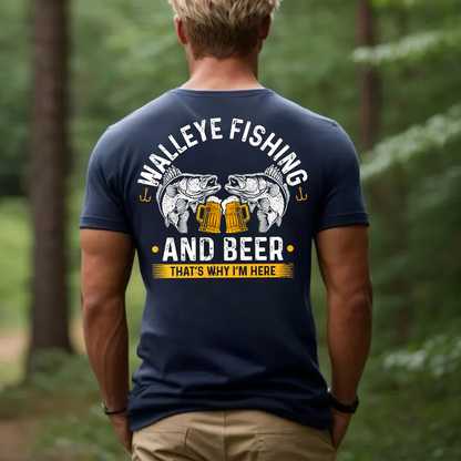 Walleye Fishing and Beer T-Shirt, Funny Fisherman Gift Tee for Men, Drinking Fishing Shirt