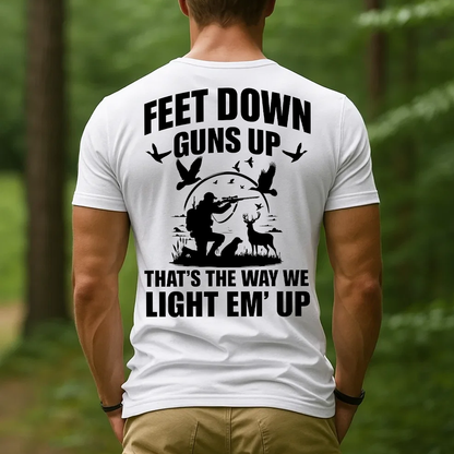 Feet Down Guns Up Hunting T-Shirt, Funny Hunter Quote Tee for Men, Duck Deer Hunting Gift
