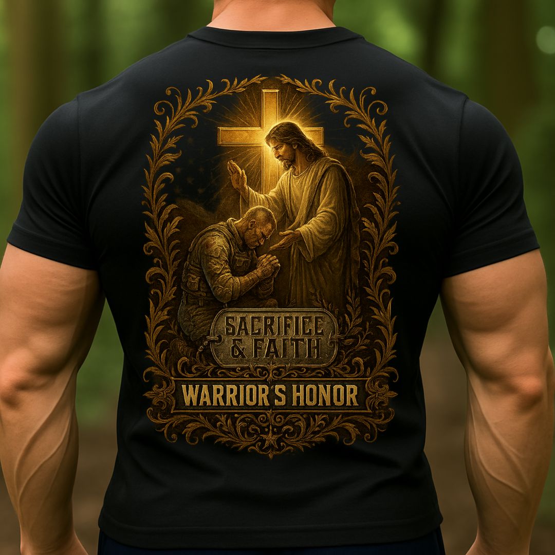 T-shirt Warrior’s Honor – Sacrifice & Faith Christian Soldier T-Shirt | Military Jesus Cross Tee