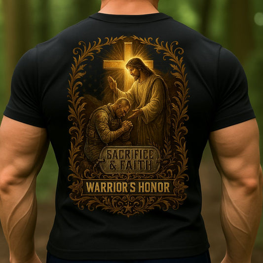 T-shirt Warrior’s Honor – Sacrifice & Faith Christian Soldier T-Shirt | Military Jesus Cross Tee