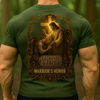 T-shirt Warrior’s Honor – Sacrifice & Faith Christian Soldier T-Shirt | Military Jesus Cross Tee