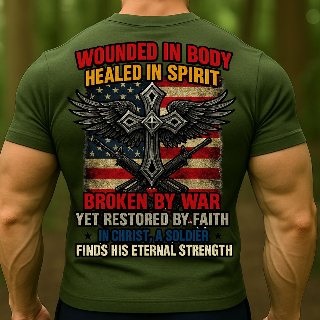 Christian Soldier T-Shirt, Wounded in Body Healed in Spirit | Cross Faith Military T-Shirt