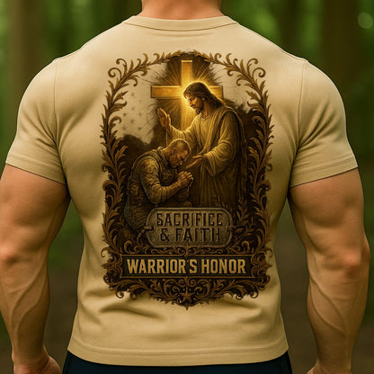 T-shirt Warrior’s Honor – Sacrifice & Faith Christian Soldier T-Shirt | Military Jesus Cross Tee