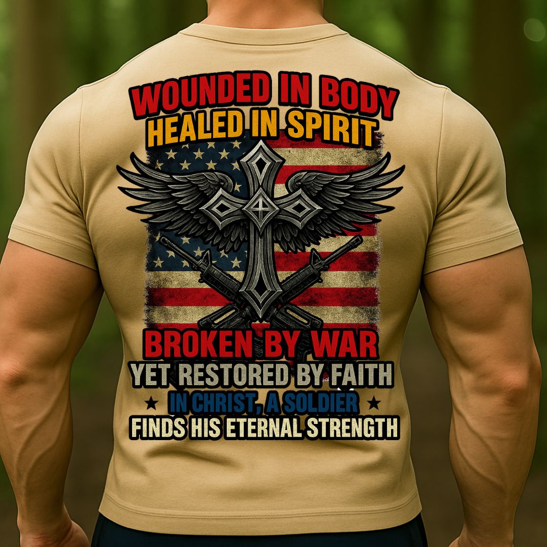 Christian Soldier T-Shirt, Wounded in Body Healed in Spirit | Cross Faith Military T-Shirt